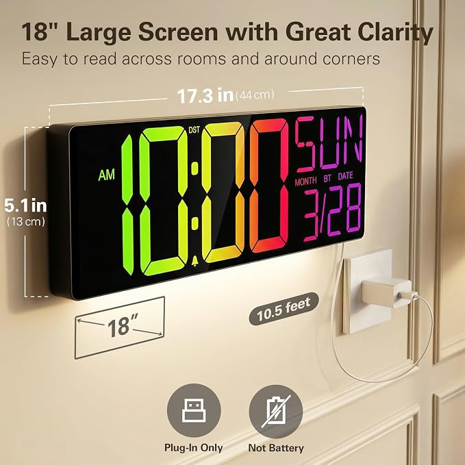 JALL 18" Large Digital Wall Clock with RGB Lights & Remote, Digital Clock with Bluetooth Sync & DST, Wall Clock with Temperature & Seconds Display, Clocks for Living Room, Seniors (Black)
