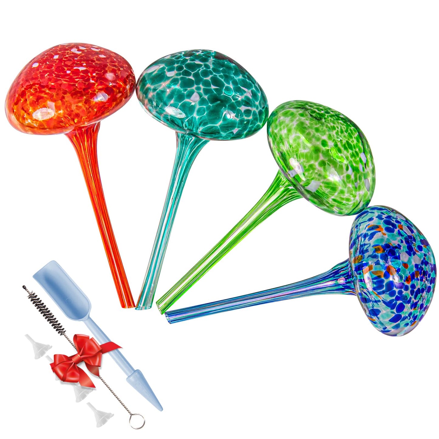 Plant Watering Globes 8"L x 3.5"D, 4Pcs Large Self Watering Planter Insert Glass Plant Watering Devices for Indoor Outdoor Plants, Mushroom Automatic Plant Waterer Watering Spikes Bulbs+Funnel &Shovel