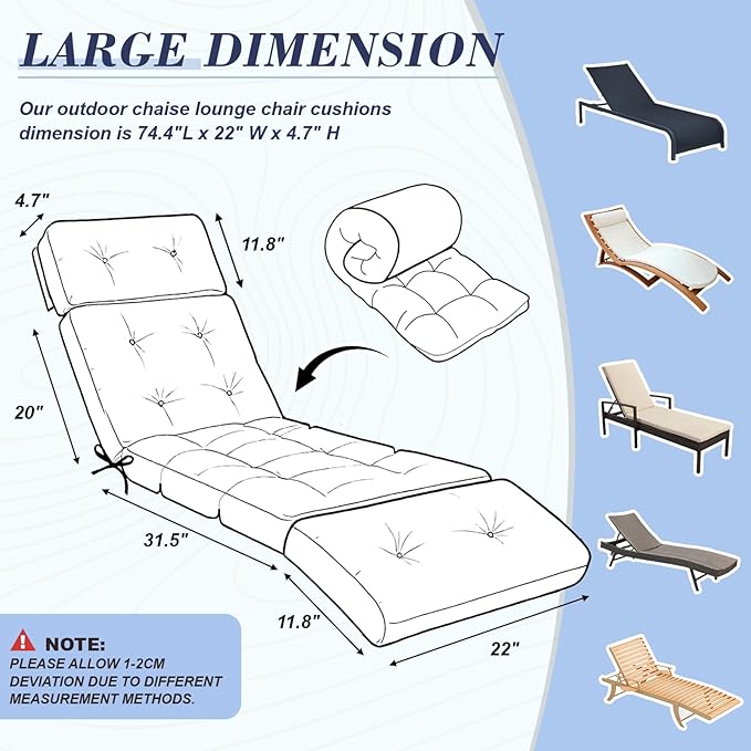 Outdoor Chaise Lounge Chair Cushion 74.2 x 22 x 4.7 Inches Thickened 100%