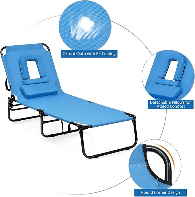 Folding Beach Lounge Chair w/ 5 Adjutable Backrest & Padded Pillow, Sunbathing