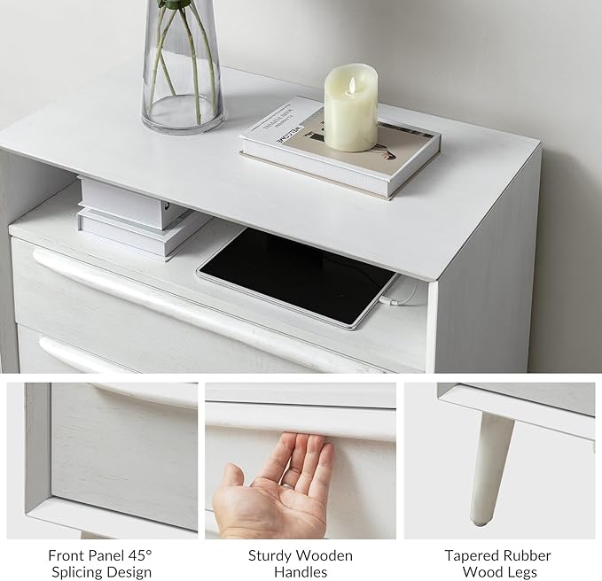 HULALA HOME End Table with Charging Station, Mid-Century Modern 2 Drawer and