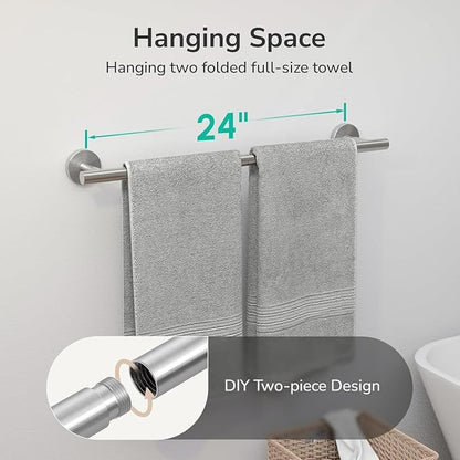 USHOWER 2-Pack Brushed Nickel Towel Bar, 24-Inch Towel Racks for Bathroom Wall-Mounted, SUS304 Stainless Steel Towel Rod (Total Length 26-Inch)