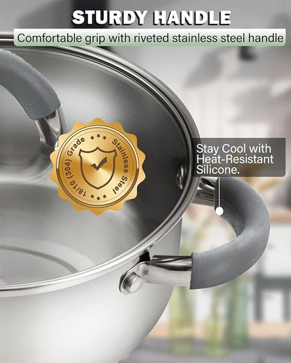 Cook N Home Basics 3 Quart Stainless Steel Stock Pot with Lid, Cooking Pot for Pasta, Soup, Stay-Cool Silicone Handle, Stockpot with Even Heating, Oven Safe, Cookware for Canning, Boiling, Simmer