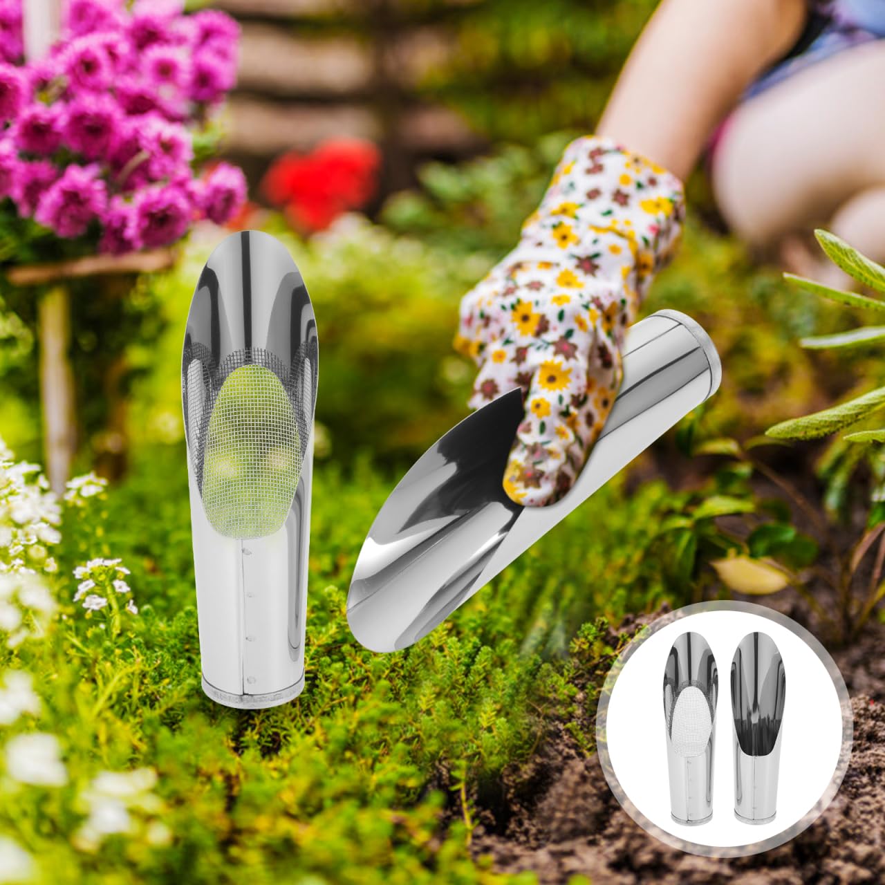 2Pcs Stainless Steel Garden Shovel and Soil Sifter Set for Planting, Portable Soil Scoop and Sifter for Bonsai, and Vegetable Gardening