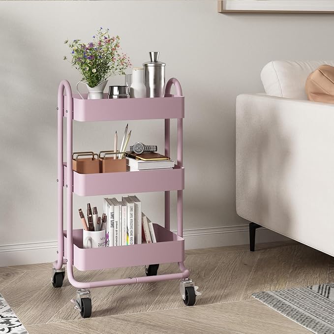 Metal Rolling Cart,3-Tier Pink Rolling Cart with Wheels,Metal Utility Cart with Wheels for Office,Home,Kitchen,Garden（13.4"x18.1"x31"） Pink