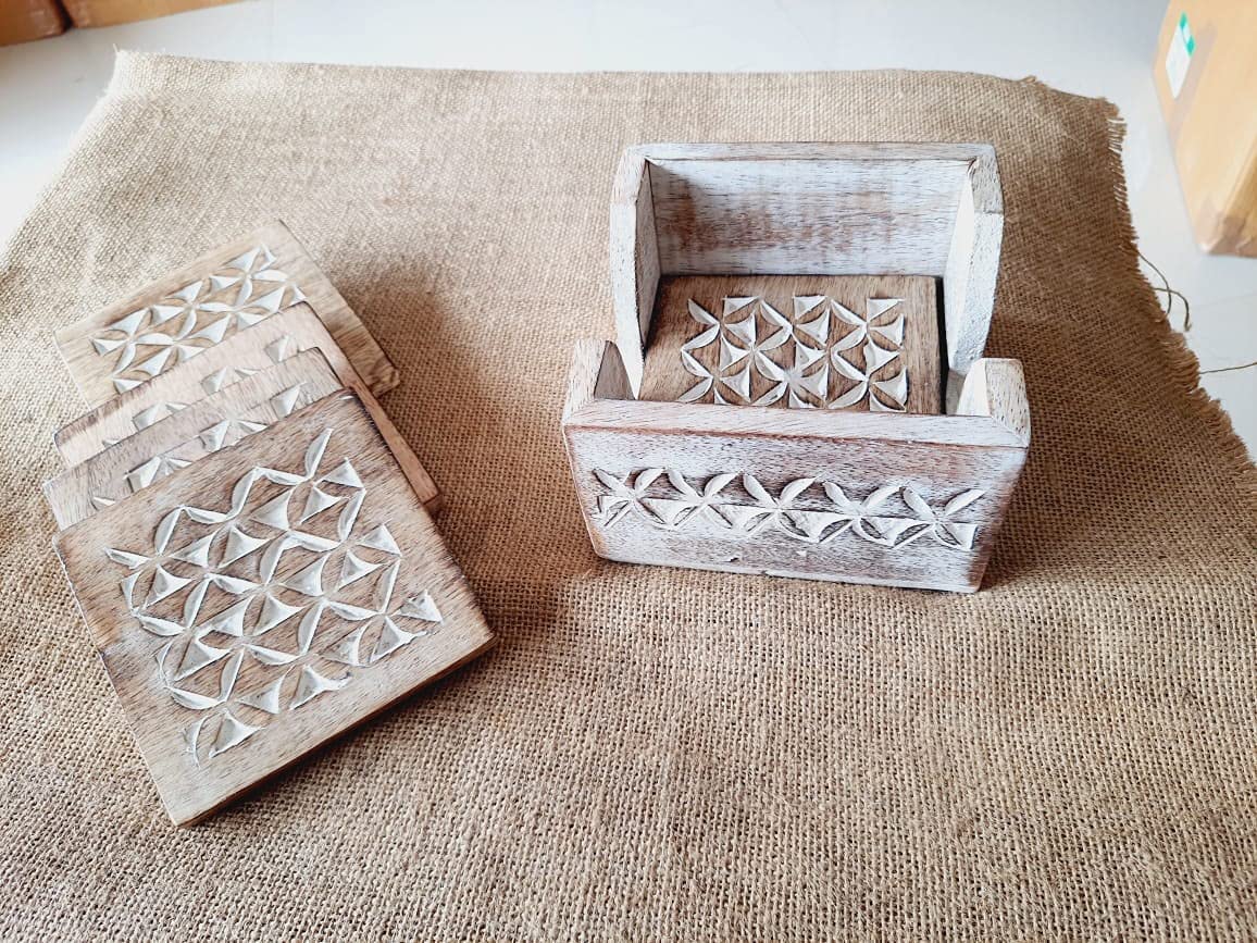 Wooden Set of 6 Whitewash Coasters with Holder Stand | White Distressed Coasters for Tea, Coffee & Drinks | Dining Table & Home Décor