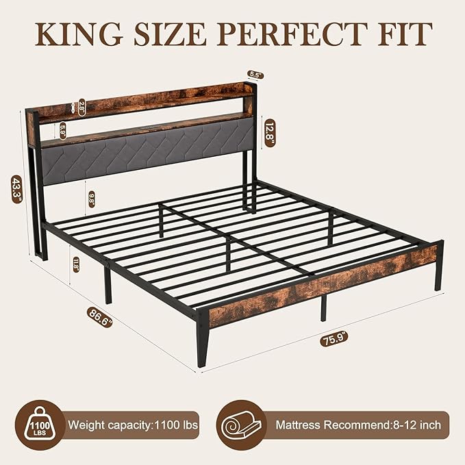 King Size Bed Frame with Charging Station, King Bed Frame with Upholstered