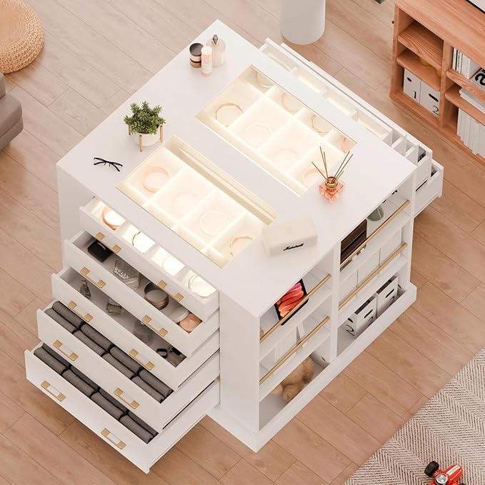 Drawer Dresser with LED Lights and Open Shelves, Modern Tempered Glass Top