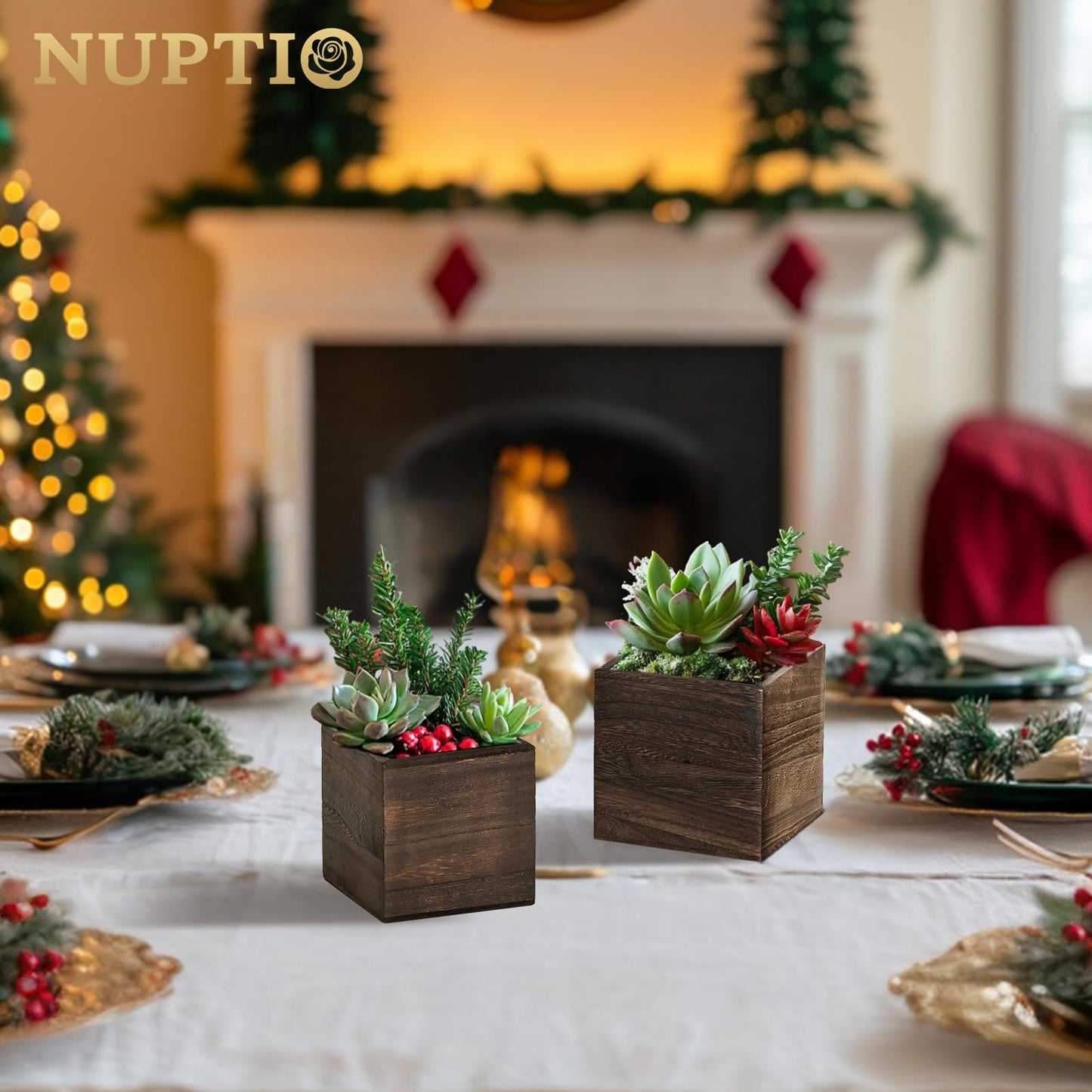 NUPTIO Wooden Box for Centerpiece Wedding: 12 Pcs Rustic Square Planter Box for Christmas Table Fall Decorations - 4×4" & 5×5" Small Wood Vases Flower Pots for Windowsill Home Garden Decor