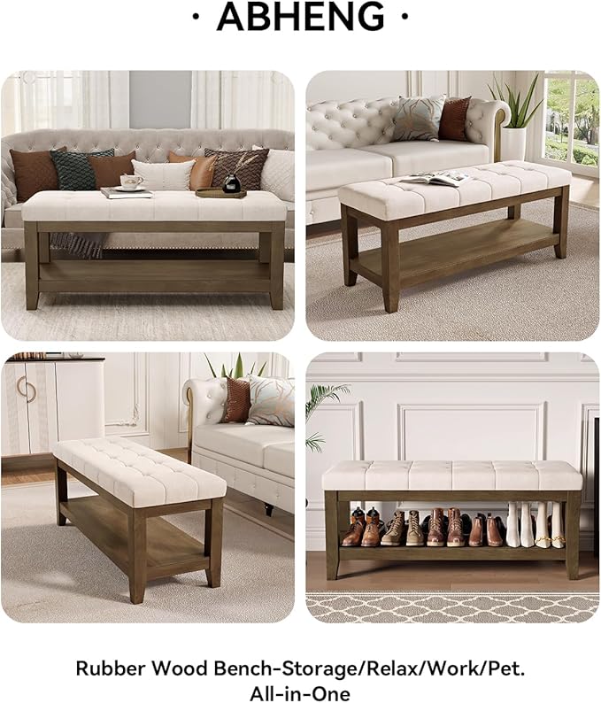 ABHENG Solid Rubber Wood Shoe Bench, Soft Chenille Material Upholstered Seat