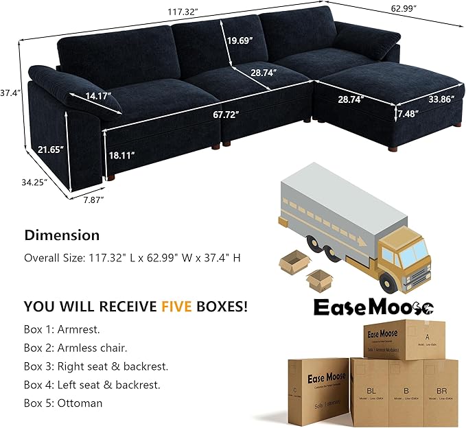 EASE MOOSE Blue Sectional Modular Sofa, FSC Certified Oversized L Shape