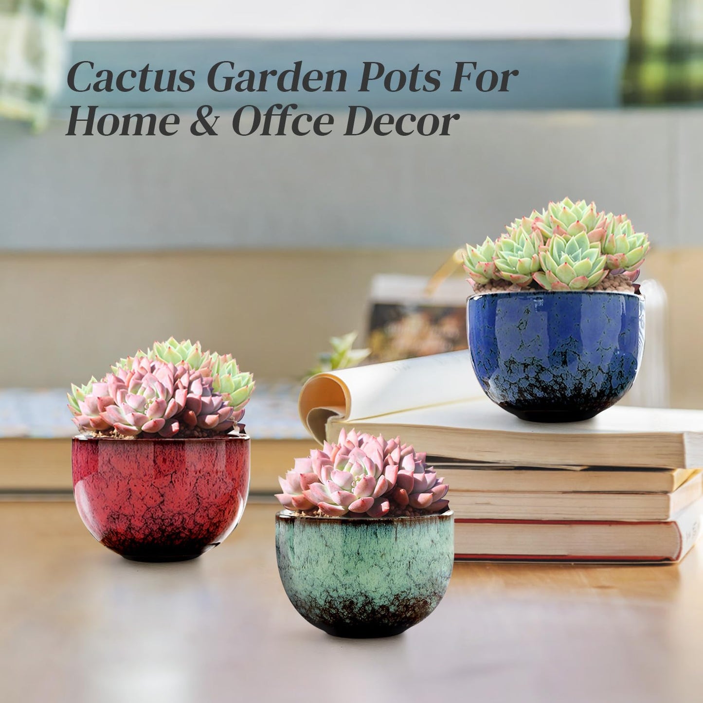 Jueison Succulent Pots with 3 Tier Bamboo Saucers Stand Holder Modern Decorative Ceramic Flower Pots with Drainage Mini Cactus Plant Pot Planters for Indoor Home Office Desk Garden Decor (#006)
