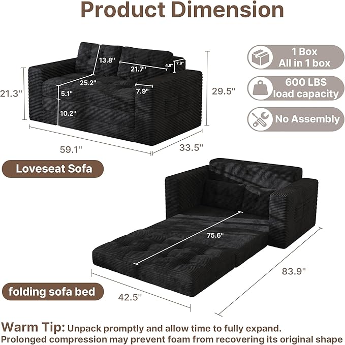 Gizoon Convertible Loveseat Sleeper Sofa Bed, Corduroy Pull Out Couch