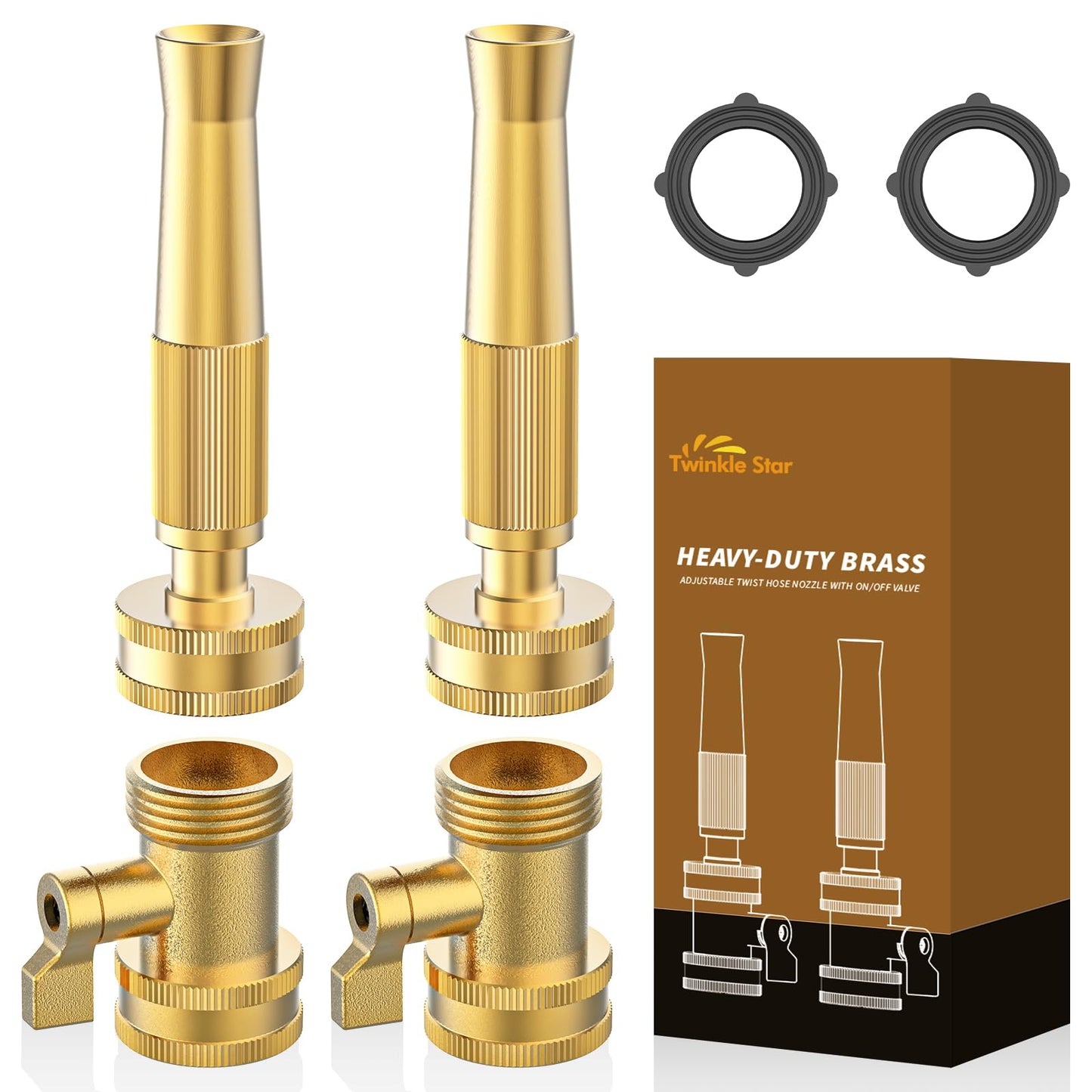 Twinkle Star Heavy-Duty Brass Adjustable Twist Hose Nozzle, High Pressure Hose Nozzle with On-Off Valve, Leakproof Operation 3/4" GHT Connector 4 Pack