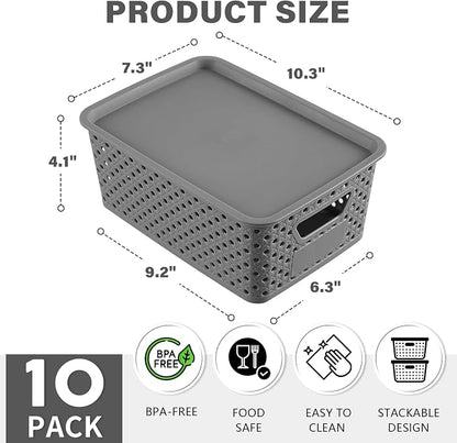 10 Pack Small Plastic Storage Bins with Lids, Stackable Plastic Storage Baskets for Organizing with Handles, Organizer Bins with Labels for Room, Craft, Containers for Pantry Organizers and Storage