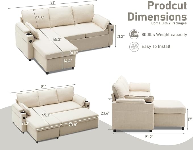 DURASPACE Sofa Bed Sleeper Pull Out 2 in 1 Sectional Sleeper Sofa Couches