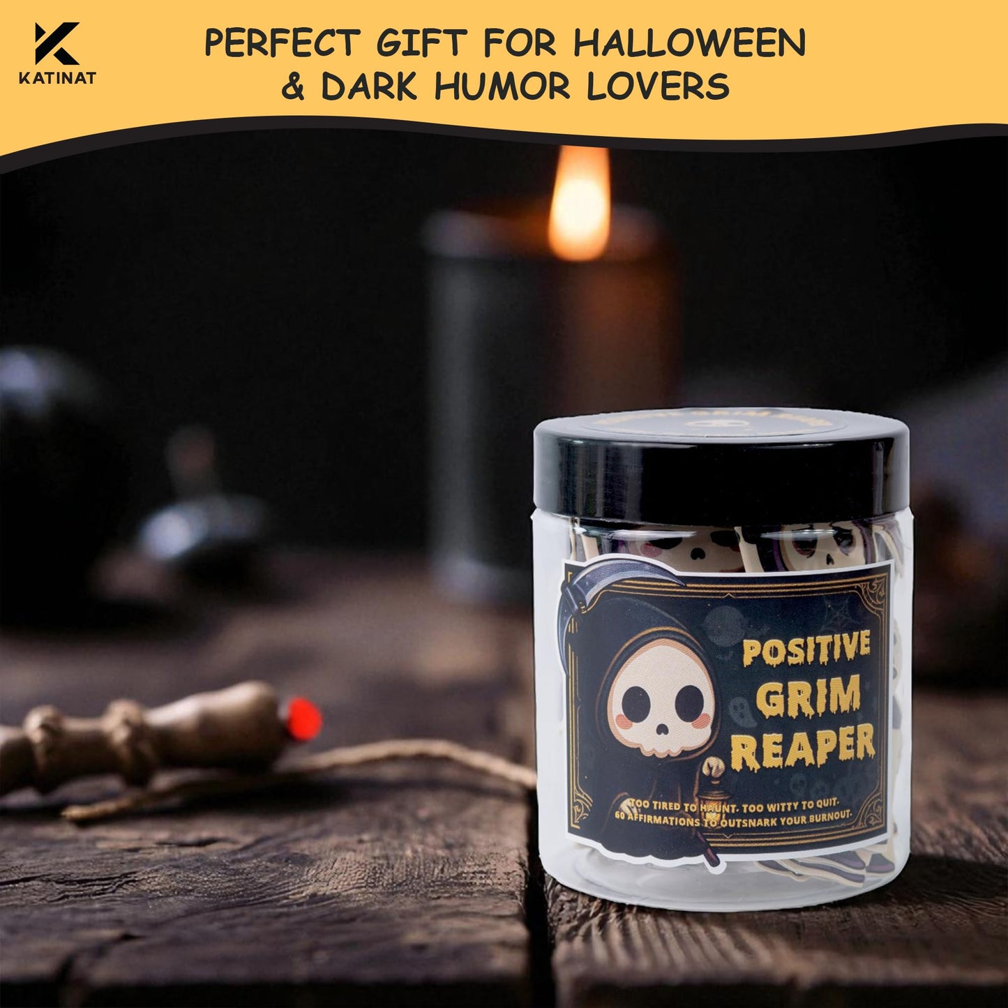 Emotional Support Grim Reaper – Positive Grim Reaper Jar, Dark Humor Spooky Gifts, Halloween Basket Stuffers, Funny Halloween Gifts for Women Men Teens Coworkers, Boo Basket Stuffers, Summerween Decor