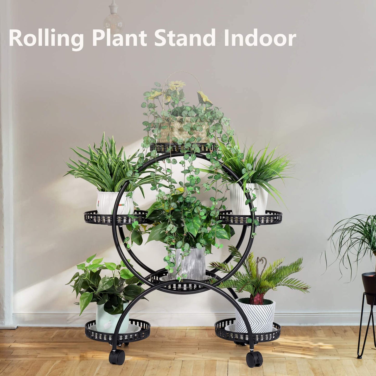 unho Metal Plant Stand 6-Potted: Flower Pot Holder with Wheels 4 Tier Display Shelf Rack for Patio Balcony Yard Garden Home Decor, Black