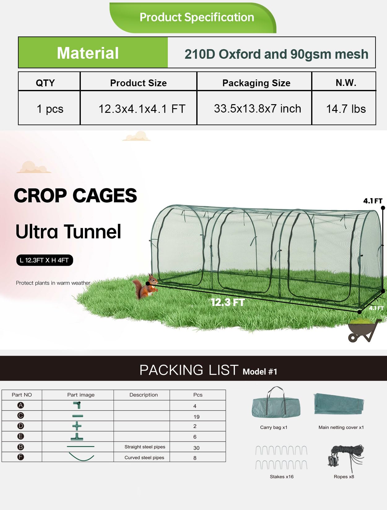 Poray Large 12.3X4FT Tunnel Plant Netting Cover,4.1FT Tall Crop Cage Tomato Netting for Vegetables&Fruits,Durable Gardening Net for Plant and Animals