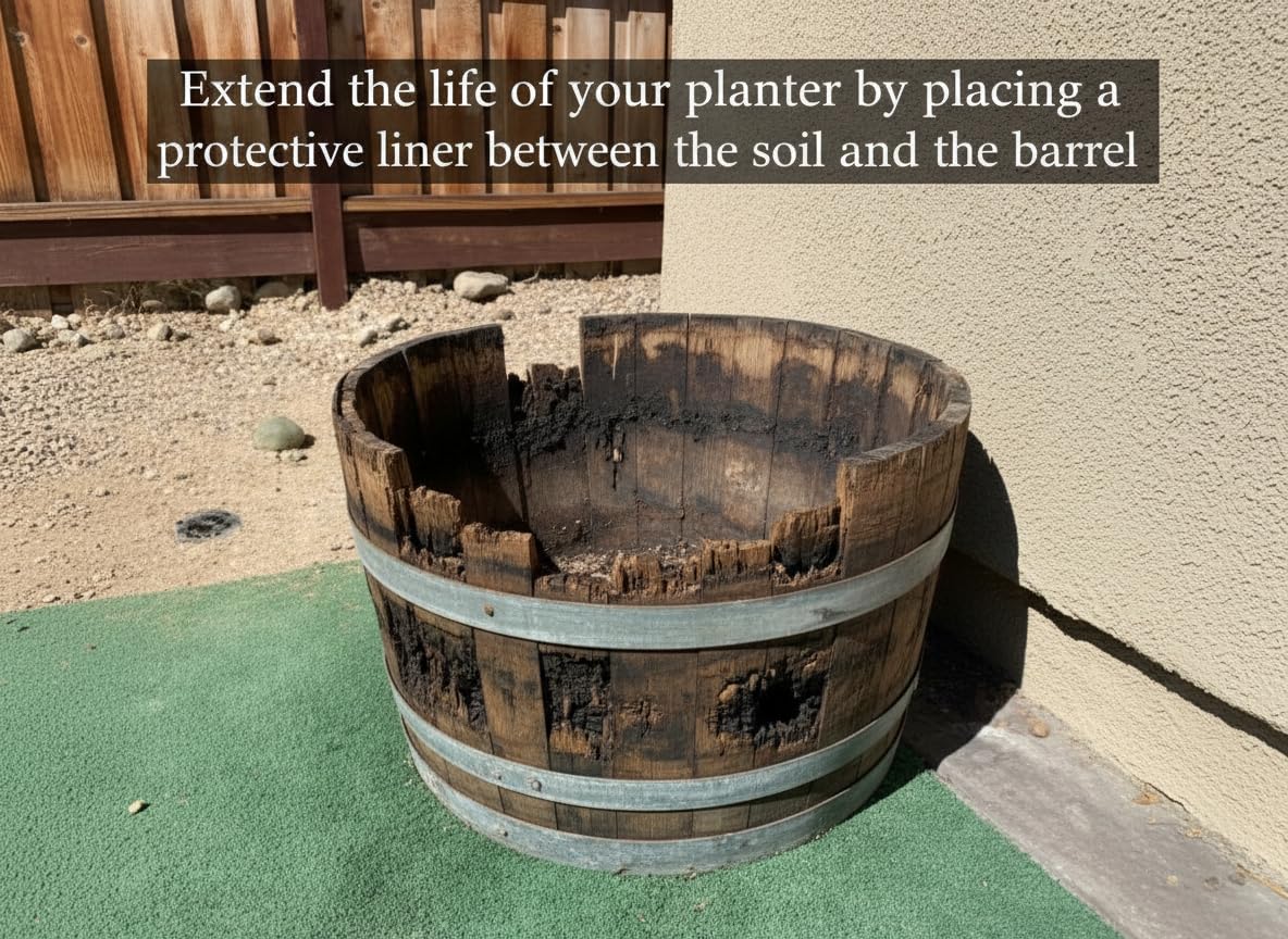 OAKENZ Half Barrel Planter Starter Kit – Wine & Whiskey Barrel Liner with Drain Tube & Mesh – Complete Waterproof Insert System for Half Barrel Planters – Heavy-Duty Plastic
