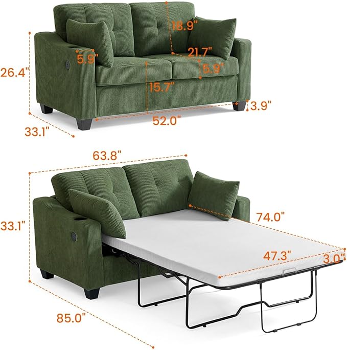 Full Size Pull Out Sleeper Sofa Bed, 2-in-1 Convertible Corduroy Pull Out Couch