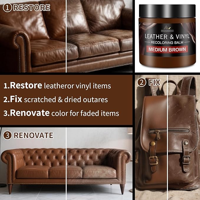 Leather Recoloring Balm and Scratch Repair Kit, Medium Brown Leather Restorer
