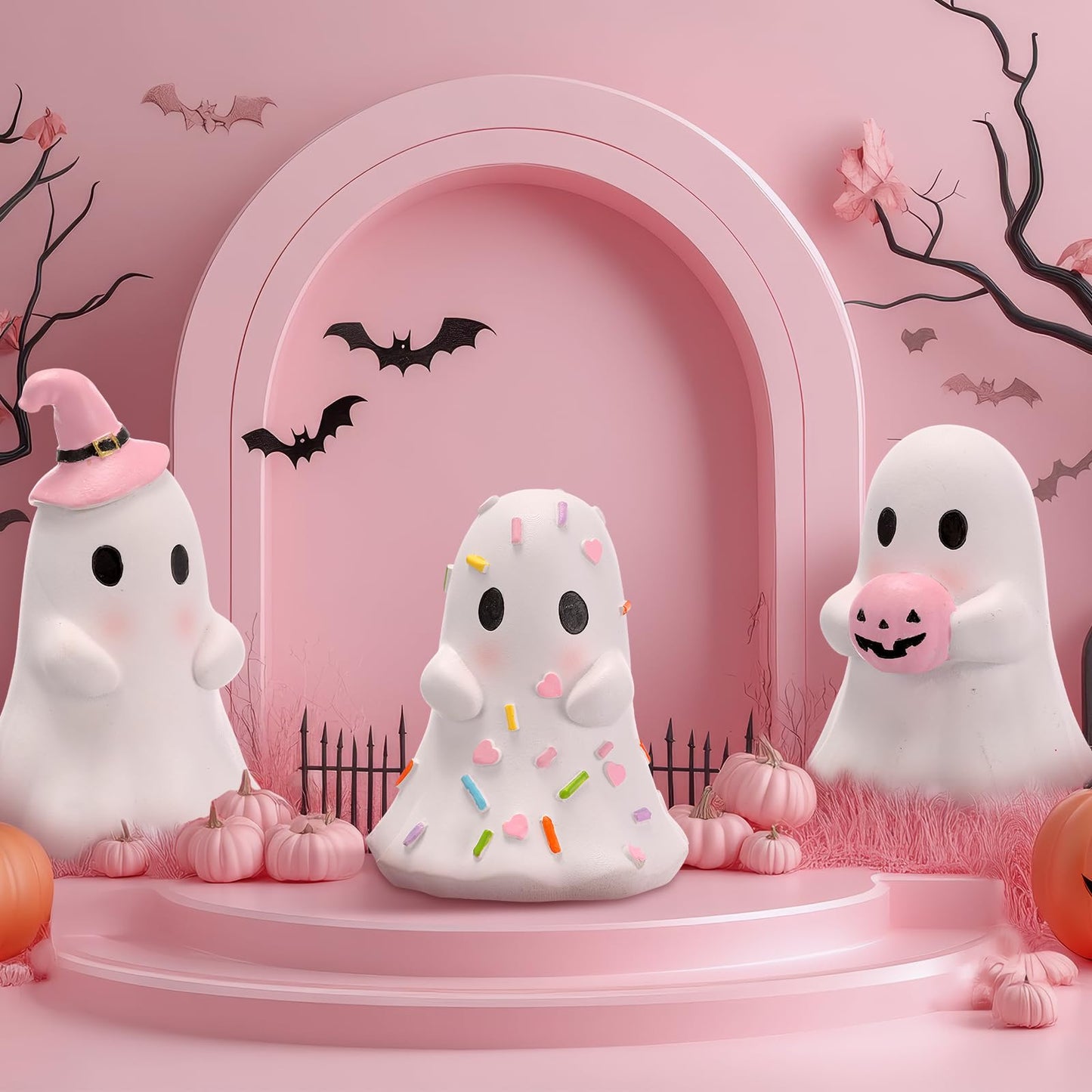 Yousoontic 3 Pcs Pastel Halloween Ghost Figurines Pink White Cute Ghost Summer Halloween Table Decor Tiered Tray Decorations Pastel Resin Statue Centerpieces for Home Mantel Tabletop Desk Party Office