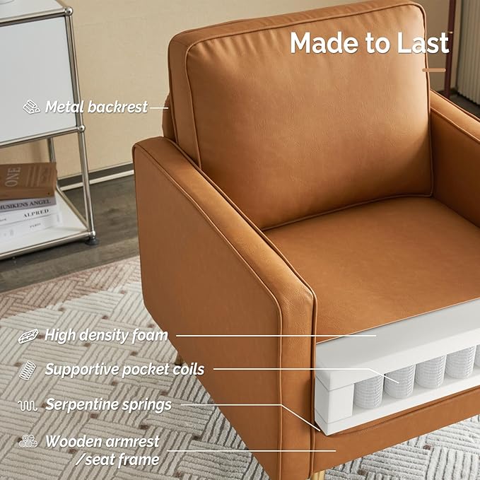 VINGLI PU Leather Accent Chair Brown Mid Century Modern Upholstered Sofa Chairs