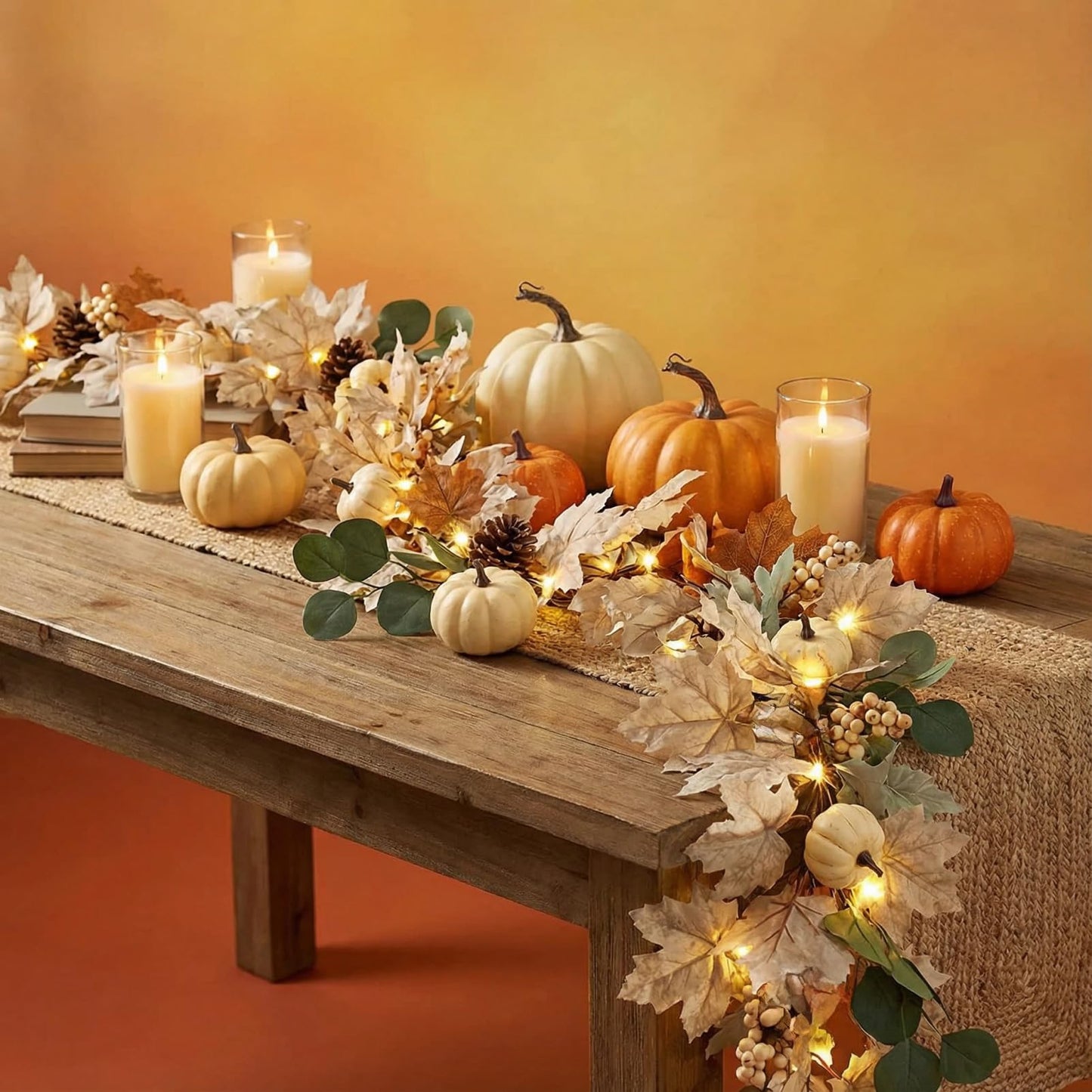 Pre - Lit Fall Garland, Fall Decor with Maple Leaves & Pumpkins, 6FT Seasonal Wreath for Home Decorations & Displays (Warm Lights)