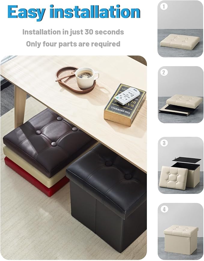 AmasSmile Storage Ottoman Folding Foot Rest Stool, Leather Footstool Bench