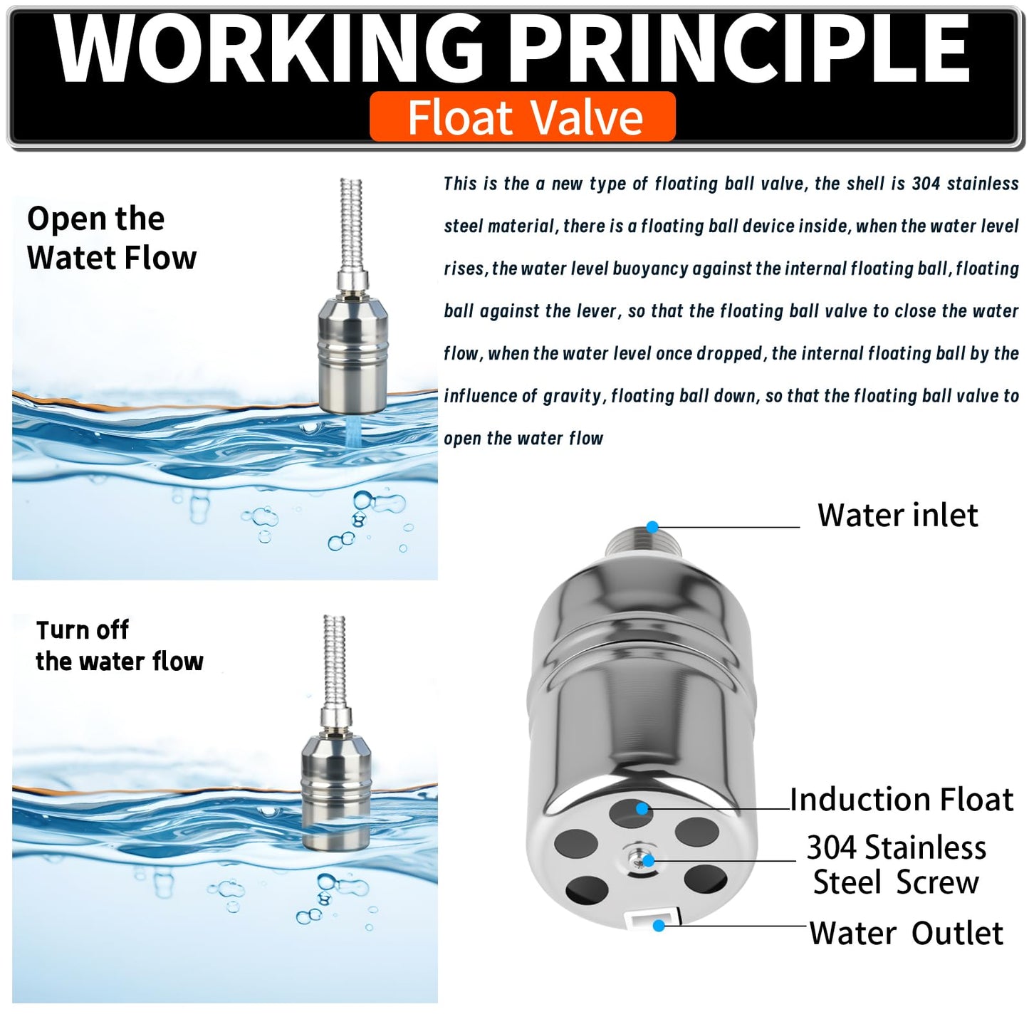 1/2“ 304 Stainless Steel Automatic Water Level Control Float Valve for Water Tank, Cattle Trough, Pools, Livestock (With Elbow, Metal Clip, 1/2" to 3/4" adapter) (2-Pack)