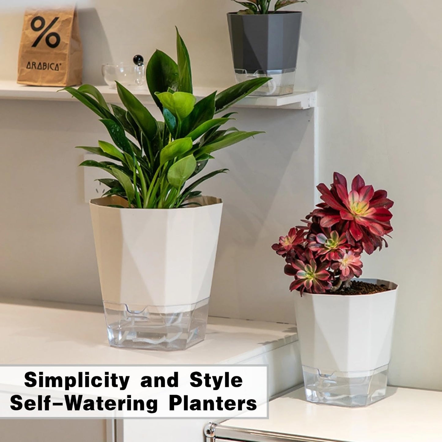 BovcTrraann 4 Packs Self Watering Plant Pots, Plastic Flower Pots with Drainage Hole and Saucer, Self Watering Planters for Indoor Outdoor Garden Plants, African Violet, Herbs (White, 5")