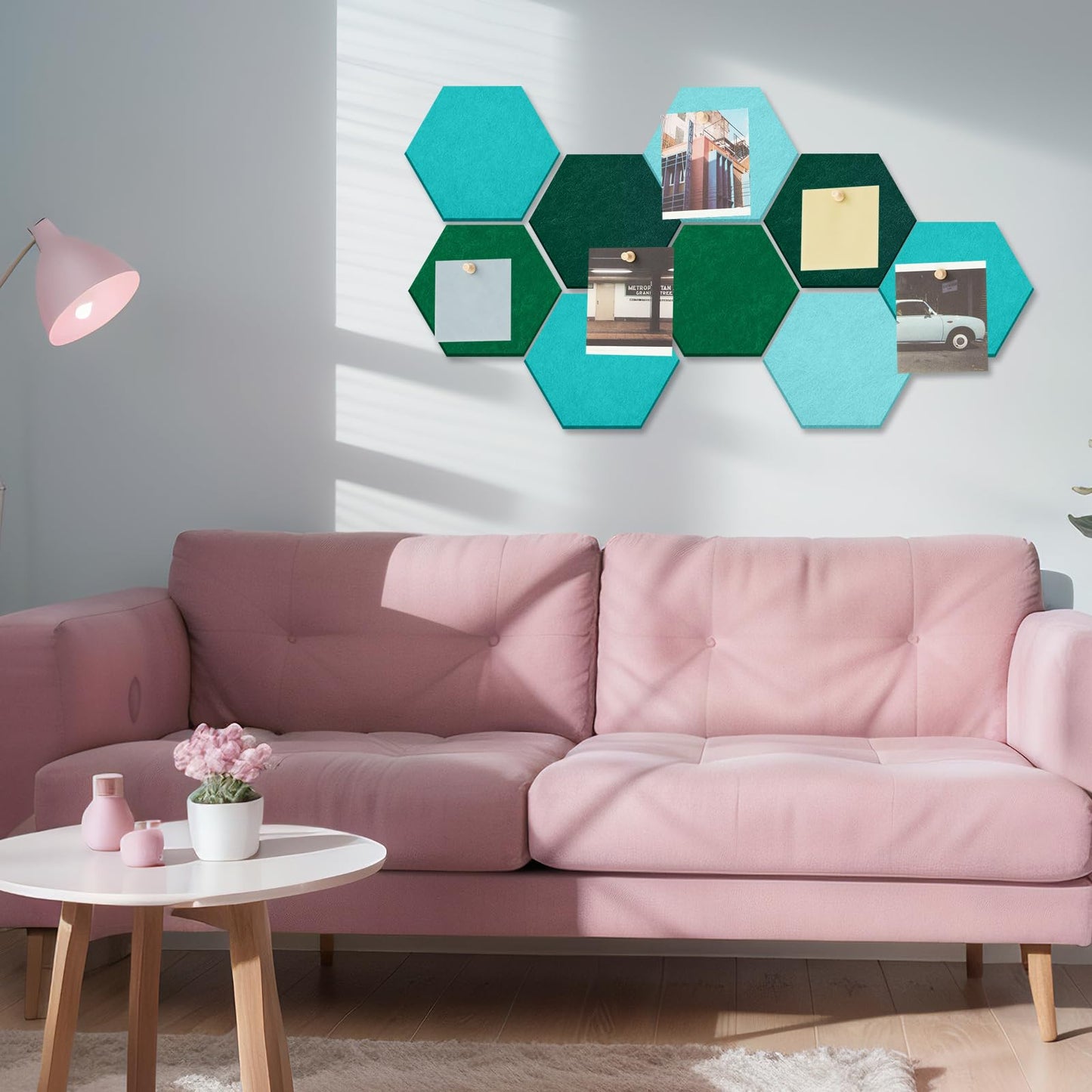 Mindsoft 16 Pcs Hexagon Cork Board for Walls with 50 Wooden Push Pins 6.7 x 5.9 in Felt DIY Tiles Notice with Nano Tape Hanging Bulletin Board for Home Photo Office Memo Note(Turquoise)