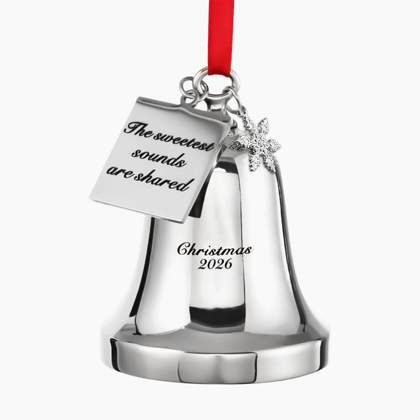 JUPPE 2026 Silver Christmas Bell Ornament with Snowflake Charm, Silver Metal Tag Engraved- The Sweetest Sounds are Shared, Red Ribbon (Silver 2)