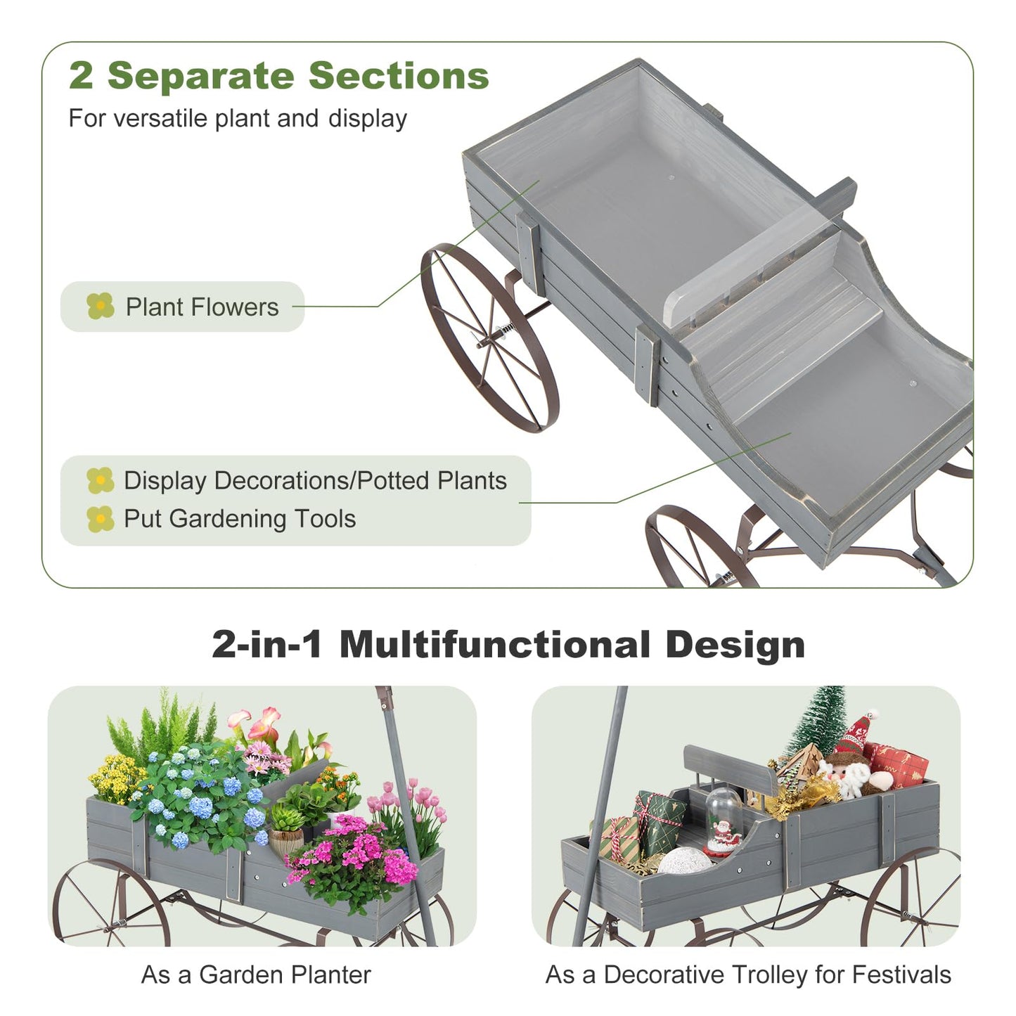 FIREFLOWERY Wooden Wagon Planter, Decorative Flower Pots w/ 2 Planting Sections, Wheels & Handle, Rustic Farmhouse Garden Planter Box for Patio, Yard, Porch (Grey)