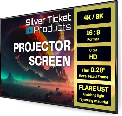 Silver Ticket Products S7 Series 6 Piece Thin Bezel Home Theater Fixed Frame 4K/8K Ultra HD, HDTV, HDR & Active 3D Projection Screen, 16:9 Format, 100" Diagonal, UST Flare Material S7-169100-FLARE