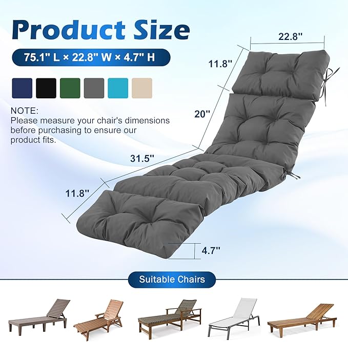 Chaise Lounge Cushions Outdoor, Waterproof & Fade Resistant Patio Lounge Chair