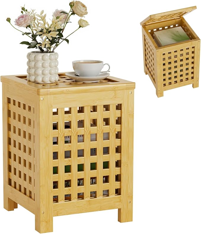 Bamboo End Table with Removable Cushion and Hidden Storage, 2-in-1 Ottoman Side