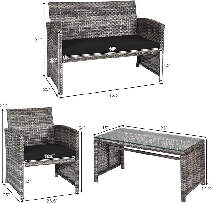 Tangkula 4 PCS Wicker Patio Conversation Set, Outdoor Rattan Sofas