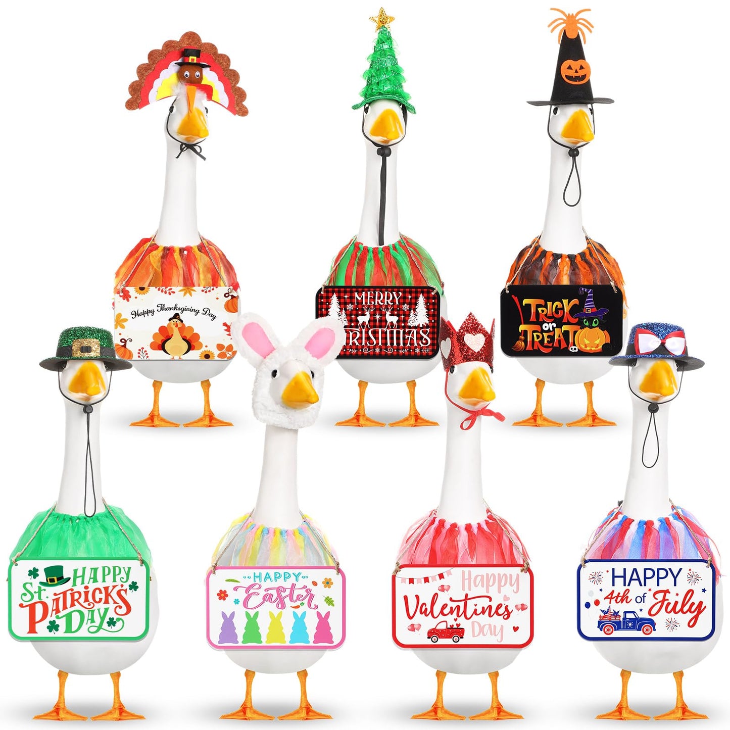 Silicherry 7 Set Holiday Porch Goose Outfits with Festival Wooden Sign 4th of July Halloween Christmas 23" Lawn Goose Clothing Hat and Tutu Collar for Lawn Patio Yard Decor