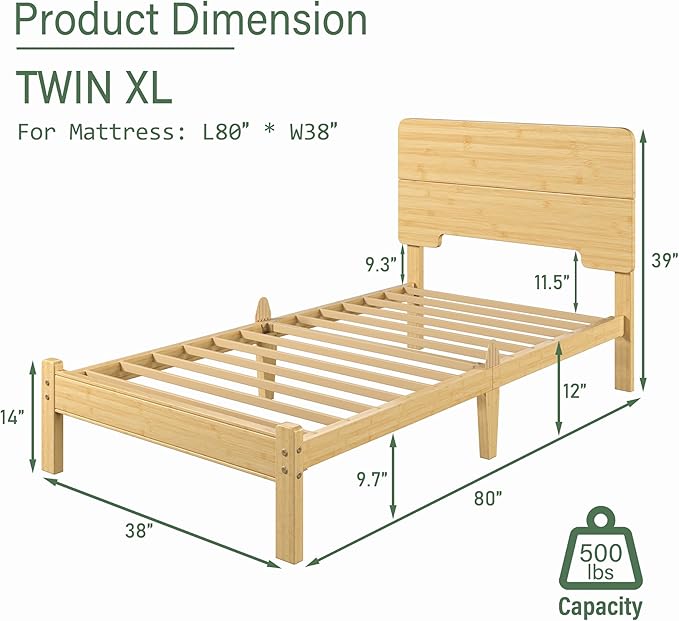 BOSRII 12in High Solid Bamboo Wood Platform Twin XL Bed Frame