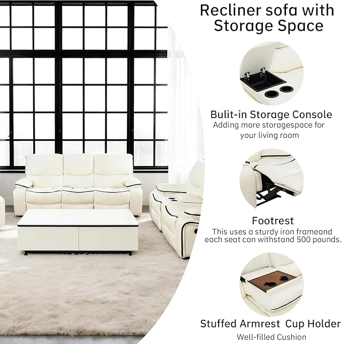 3-Piece Recliner Sofa Set, Adjustable Leather Recliner