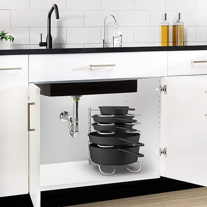 CAXXA Heavy Duty Pan Rack, Pot Lid Rack, Kitchen Cabinet Pantry Cookware Organizer Rack Holder with 5 Adjustable Dividers, Chrome