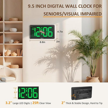 Soobest 9.5 Inch Large LED Digital Wall Clock Battery Operated, Auto & Manual Dimmer Display, Easy to Read 3.2'' Big Digit with Alarm for Seniors, Modern Decor for Living Room, Bedroom, Office (Green)