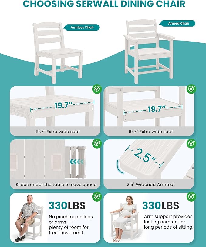 SERWALL HDPE Dining Set for 6: 1 Umbrella Hole Table, 4 Armless + 2 Armchairs.
