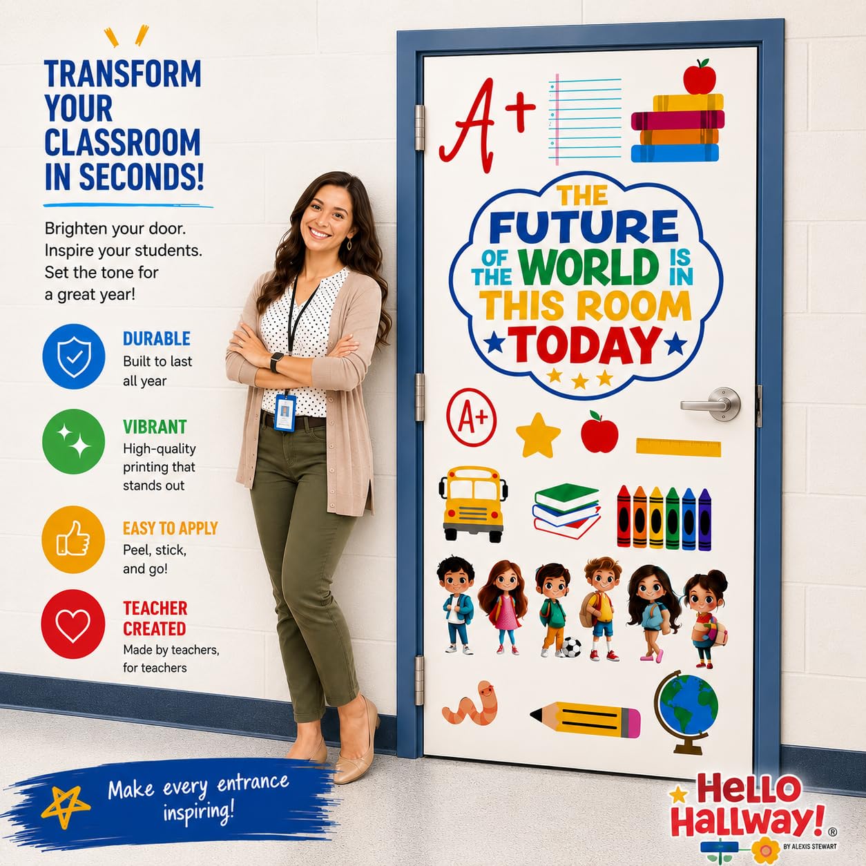 Hello Hallway Classroom Door Decorations for Teachers, Back to School | Reusable Peel & Stick Door & Whiteboard Decor Kit | Preschool Pre-K Kindergarten Classroom Decor | Teacher Supplies