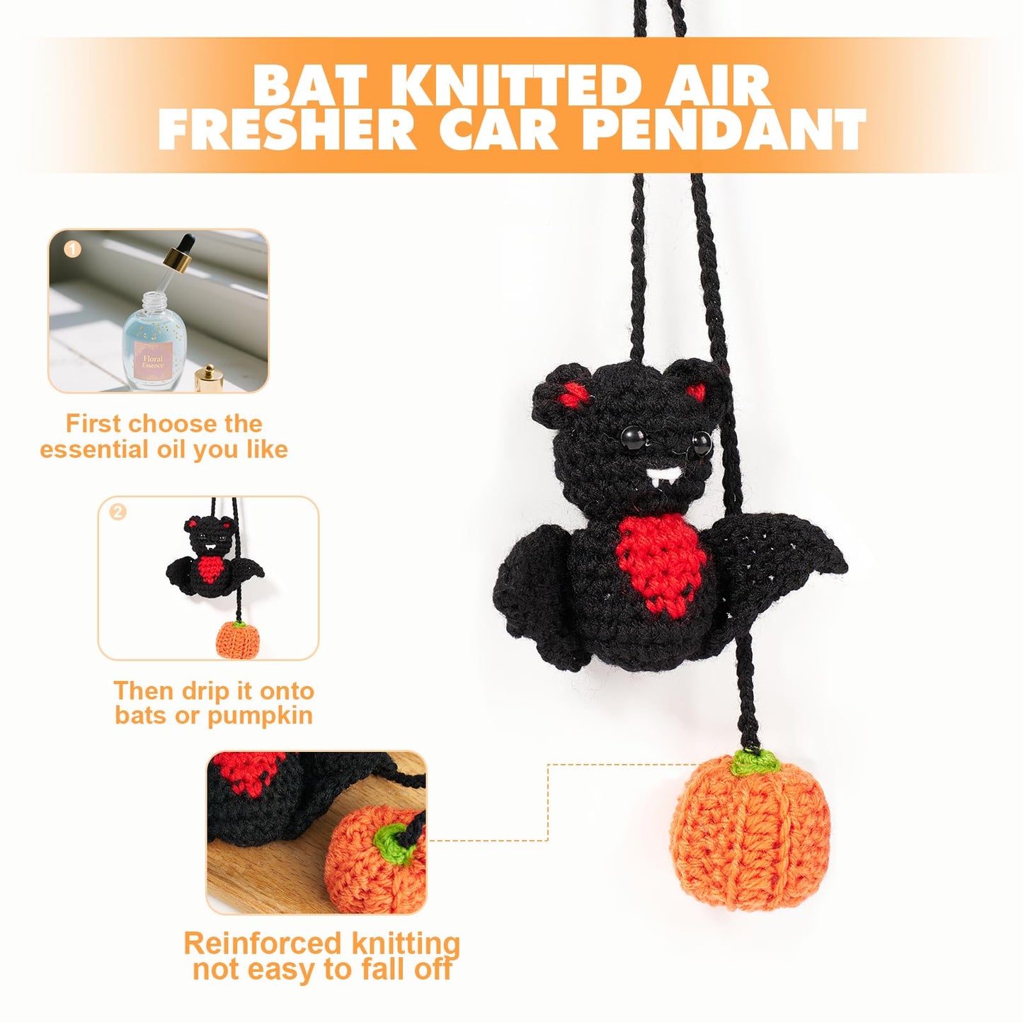 Rislobx Crochet Bat and Pumpkin Car Rearview Mirror Hanging, Knitted Cute Halloween Bat Car Charm Ornament, Handmade Pendant Mirror Decor Auto Interior Accessories (Pumpkin)