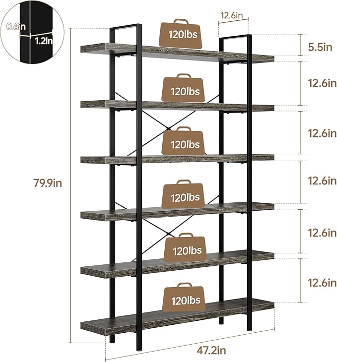 Heavy Duty 6-Tier Industrial Bookcase, 120lbs Shelf Capacity, Rustic Open
