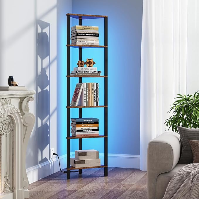 TUTOTAK Corner Shelf with LED Light, 6-Tier Corner Bookshelf