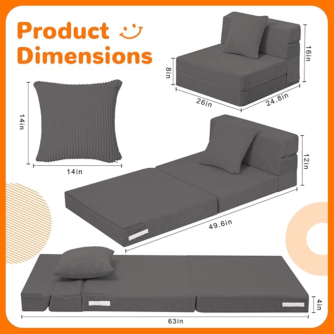 MeMoreCool Kids Folding Sofa Chair – Corduroy Floor Futon, Tri-Fold Mattress
